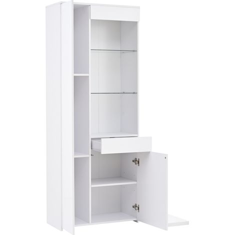 Vitrine 70 x 35 x 180 cm avec tiroirs, finition brillante, vitrine en verre avec éclairage LED, armoire haute, buffet haut avec armoire, vitrine sur pied, rangement compartimenté, charge recommandée 4 (1/5)