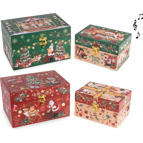 Boîtes à musique de Noël en bois tapissé imprimé festif avec crochet de fermeture, lot de 2, grande : 20 x 14 x H. 12 cm