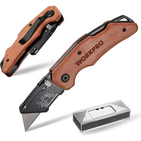 Workpro – Cutter utilitaire pliant avec manche en bois – Mécanisme de changement rapide – 10 lames SK5 pour coupe précise de cuir, PVC, papier (1/5)
