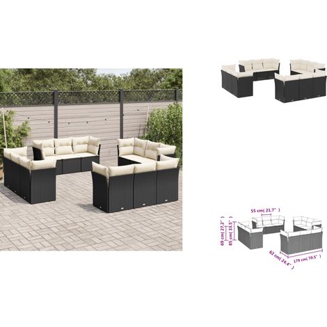12-tlg. Garten-Sofagarnitur mit Kissen Schwarz Poly Rattan - Gartensorte - Outdoor Möbel - Lounge Set - Gartenlounge - Rattan Sofa