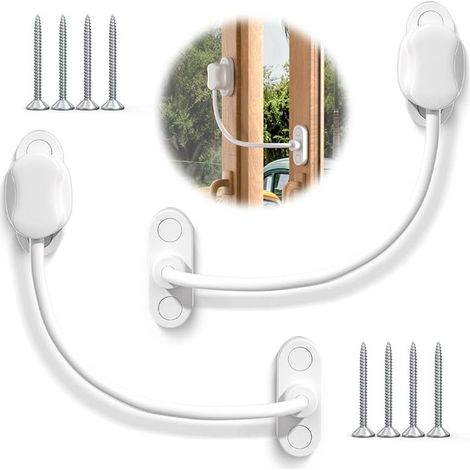 Lot de 2 limiteurs de fenêtre sans clé blancs, câble de sécurité pour fenêtre UPVC, limite les espaces ouverts pour garder les enfants en sécurité et éviter les blessures et le vol (1/5)
