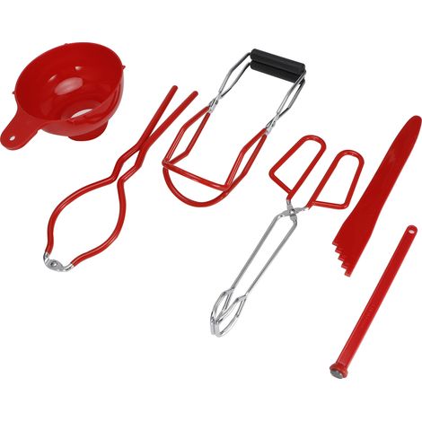 Kit de conserves 6 pièces/ensemble : pinces alimentaires antidérapantes, lève-bocaux, clé à bocaux, lève-couvercles, entonnoir et doseur (rouge) (1/5)