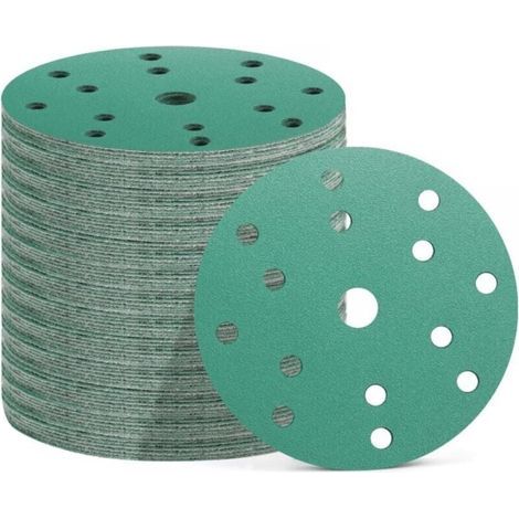 50 Pièces Disques Abrasifs 150 mm, 15 Trous, 10x Grain 60/80/120/180/400, Papier Poncage pour Ponceuse Excentrique (Vert) (1/4)
