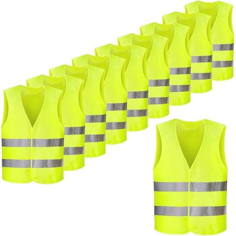Gilets de sécurité haute visibilité FEMOR (lot de 10) jaunes, réfléchissants à 360°, pour voitures et camions. Lavables et infroissables. (1/5)