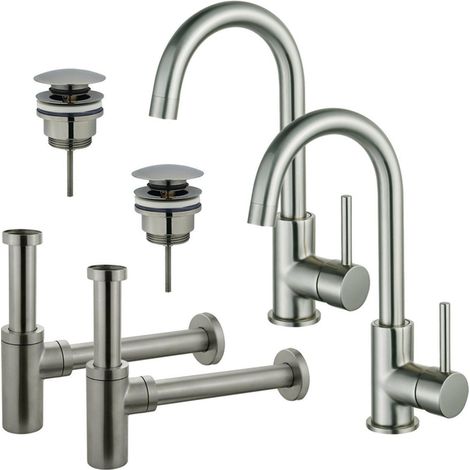 FugaFlow Eccelente Sobrado Kit robinet lavabo - pour double vasque - robinet haut - bec rotatif - bonde clic clac - siphon design - Inox brossé PVD (1/4)