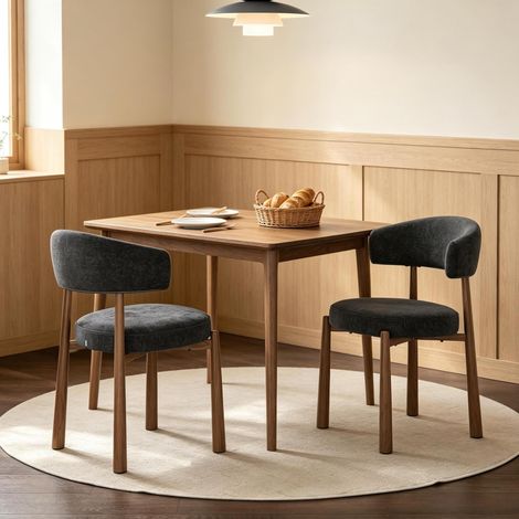 Set di 2 sedie da pranzo in chenille, schienale aperto, gambe in metallo effetto legno, nero (1/5)