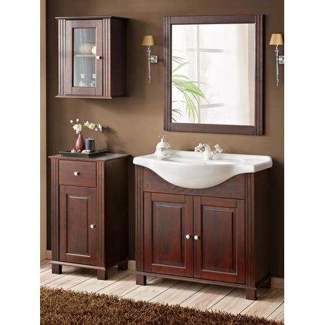 Badezimmermöbel Set  inkl. 85 cm Keramik-Waschbecken AVEIRO-56 im Landhausstil, Pinie Massivholz braun, B/H/T ca. 161/180/49cm (1/5)