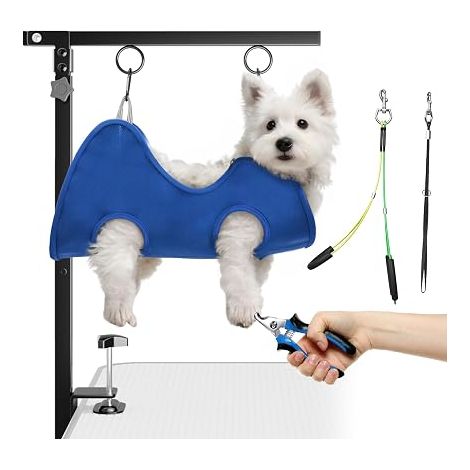 Folding Dog Grooming Arm with Clamp - Adjustable Height 66-102cm, Table Arm with Hammock and Anti-Sitting Ties, Support System for Small and Medium Dogs