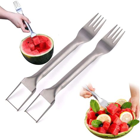 Fourchette à pastèque en acier inoxydable, lot de 2, fourchette et trancheuse 2 en 1, coupe-pastèque à double tête, fourchette à découper la pastèque (1/5)