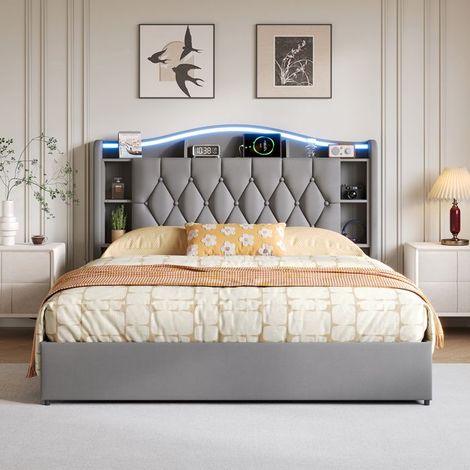 Bett 160x200 cm, Bettgestell, Doppelbett 160x200 cm mit LED, Bett für 2 Personen, Lattenrost, Samtstoff, Grau
