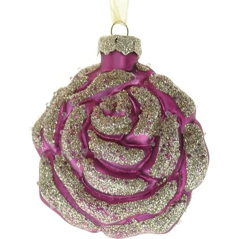 Kaemingk – Boule de Noël fleur de rose – Rose vif à paillettes dorées, verre, 8 cm