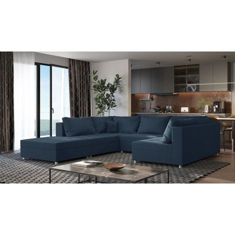 Wohnlandschaft Sofa ANDRO Schlaffunktion und Hocker Stoff Lincoln Dunkelblau (1/5)