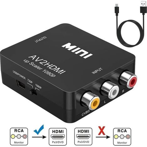 Adaptateur RCA vers HDMI - Non spécifié - Mini Convertisseur - 1080P - Plug and Play - Noir (1/4)