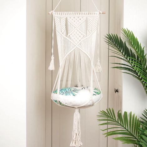 Hamac suspendu en corde de coton avec pompons et décorations en tapisserie pour chat, idéal pour la maison et le jardin. (1/5)
