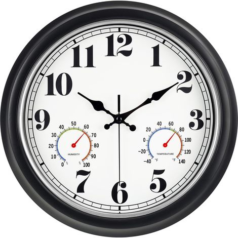 Horloge Murale Extérieure - Thermomètre Hygromètre Intégré - Étanche - Chiffres Grands - Mouvement Silencieux - Pour Porche Jardin Piscine - 33 cm - Noir Argent