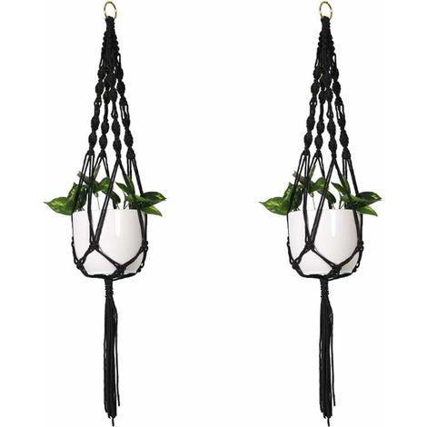 Lot de 2 suspensions en macramé de 105 cm pour pots de fleurs à suspendre avec pompons et corde en coton Noir (1/5)