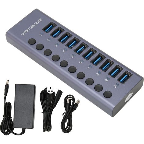 Hub USB 3.0 10 ports 60W avec interrupteurs individuels LED, boîtier en alliage d'aluminium, station d'accueil USB, adaptateur secteur 12V 5A 60W prise UK 100‑240V (1/5)