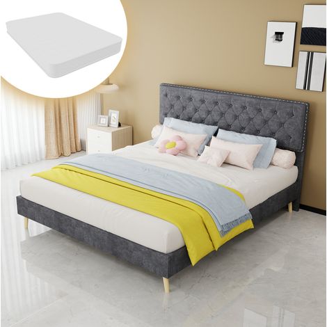 Lit 160x200 avec matelas, cadre de lit bas, tête de lit capitonnée, gris OKMYHOME (1/5)