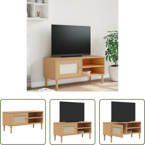 Bois de pin - Meuble TV SENJA aspect rotin marron 106x40x49cm bois massif pin (1/5)