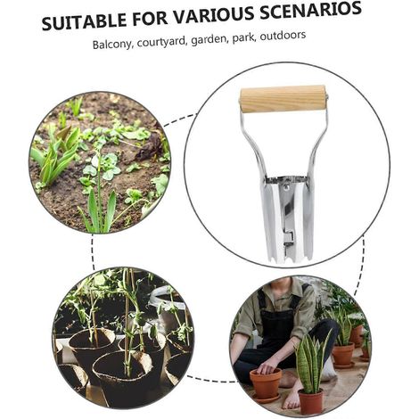 Filiyano-Repiqueuse en acier inoxydable avec poignée ergonomique en bois, adaptée au repiquage des fleurs et des légumes. (1/4)