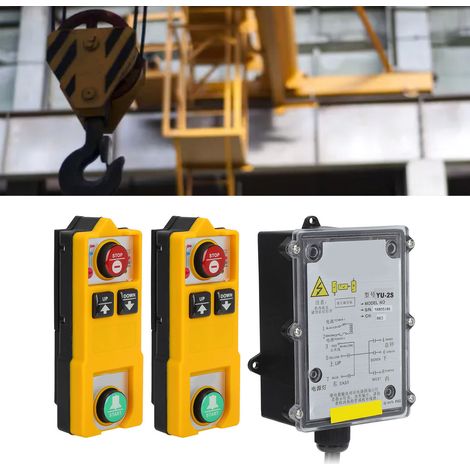 Télécommande industrielle robuste à double poignée YU-2S : télécommande pour palan électrique/pont roulant (CA 380 V), résistante aux chutes, à l’eau, aux acides et aux huiles. (1/5)