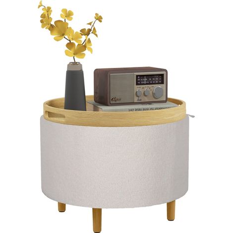 Sitzhocker Ottomane Mit Stauraum Runder Polsterhocker Mit Klappdeckel, Holzbeine, Modern, Für Wohnzimmer, Schlafzimmer, Weiß, Ø56 X 42 Cm