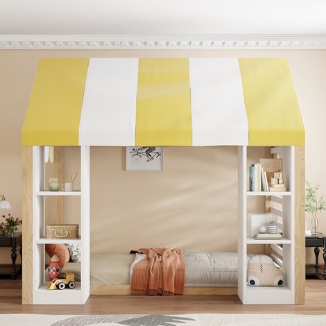 MEUBLIV Letto 90x200 cm bianco e naturale con baldacchino e ripiani aperti, senza materasso (1/5)