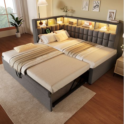 Bettgestell 90x200 cm Grau aus Leinen mit Ausziehbett, LED, Bluetooth und Ladeanschluss (1/5)