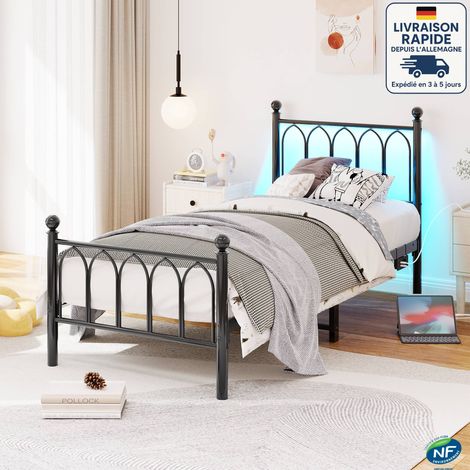Cama para adultos 90 x 200 cm - Estructura de metal, estación de carga USB, fuente de luz LED, color negro (1/5)