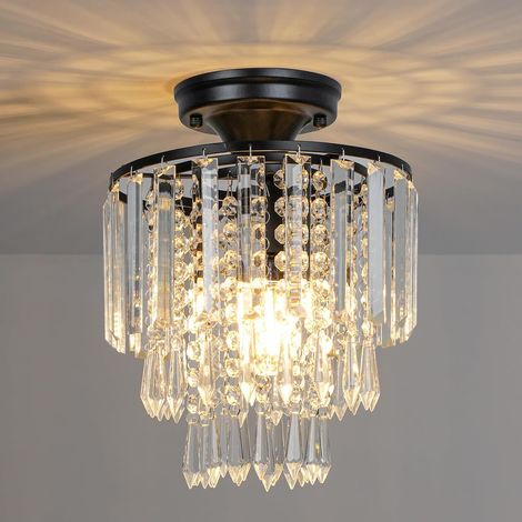 Moderne Lustre Cristal Plafonnier Noir,Petit Plafonnier Cristal Douille E27 pour Salon Chambre Cuisine Couloir,Ø23cm (1/5)