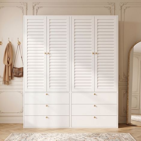 Armadio guardaroba 180x50x200 cm, 4 ante a lamelle, 6 cassetti, 2 appendiabiti, pannello truciolare bianco (1/5)