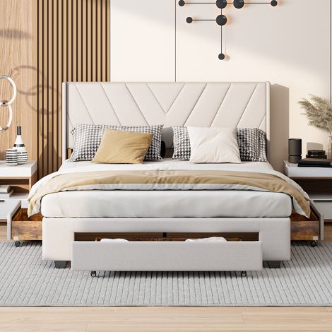 Lit double 160 x 200, lit adulte 160x200 avec 3 tiroirs, lit capitonné, avec tête de lit, cadre de lit, lin, Beige