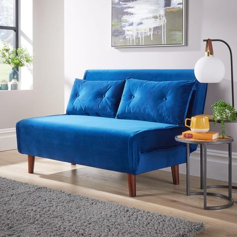 Double Sofa Bed Folding Chair Velvet Blue Wooden Legs Two Pillow Home Furniture (1/5)