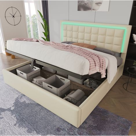 Lit double capitonné moderne 180x200 cm en PU blanc avec tête de lit, LED, coffre de rangement et sommier à lattes (1/5)