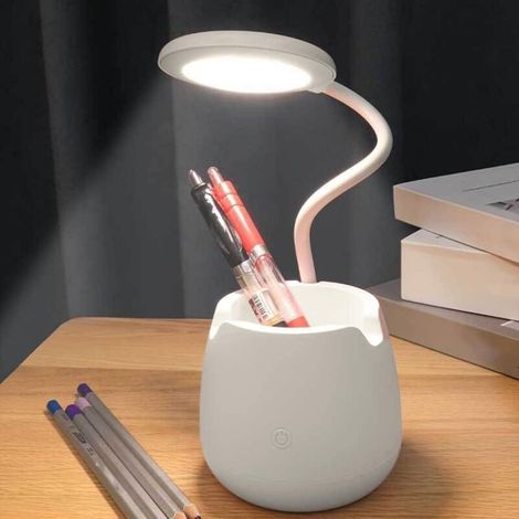 Lampe de bureau LED rechargeable par USB, lampe de lecture à intensité variable, protège les yeux, avec porte-stylos et porte-téléphone, idéale pour les bureaux, les chambres et les dortoirs. (1/4)
