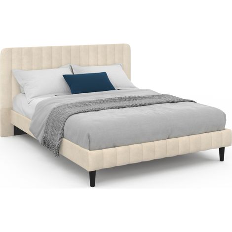 Idmarket – Lit double ANNIE 140 x 190 cm – Tête de lit velours beige – Sommier métal 24 lattes – Ambiance cocooning élégante (1/5)
