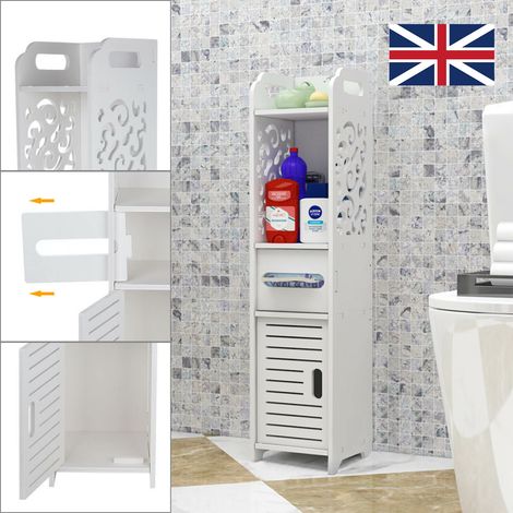 Bathroom Storage Small Bathroom Cabinet With Toilet Paper Holder Slim Bathroom Storage Unit Bathroom Floor Cabinet With Door for Living Room Kitchen White 16x16x68CM (1/5)