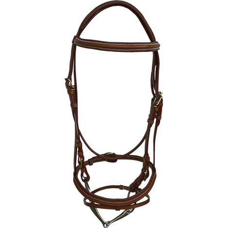 poney, Marron 04: Tête de lit en cuir anglais avec façade rembourrée et boucles rondes en acier inoxydable