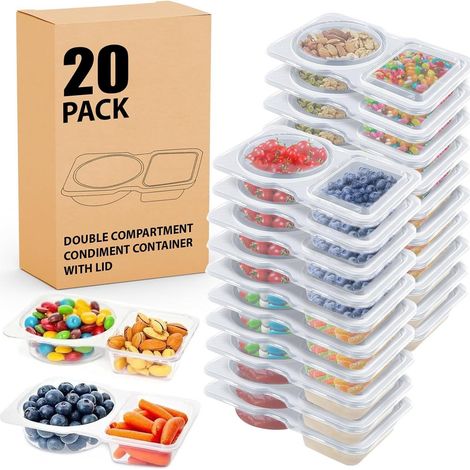 20 wiederverwendbare Snackdosen, 2 Fächer mit Deckel für Soßen, hält Speisen kalt, Portionskontrolle, Mahlzeiten im Freien
