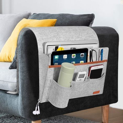 Organisateur de canapé, 4 poches avec porte-bouteille Accoudoir Sac de rangement suspendu, pour bouteille, magazines, télécommande, téléphone, tablettes et livres - Gris clair (1/5)