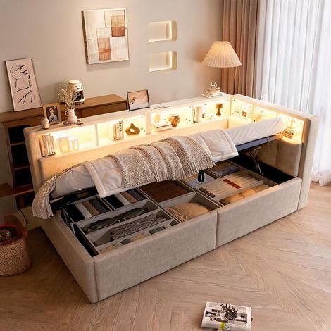 Cadre de lit beige en lin 215,5 x 105 x 85 cm (1/5)