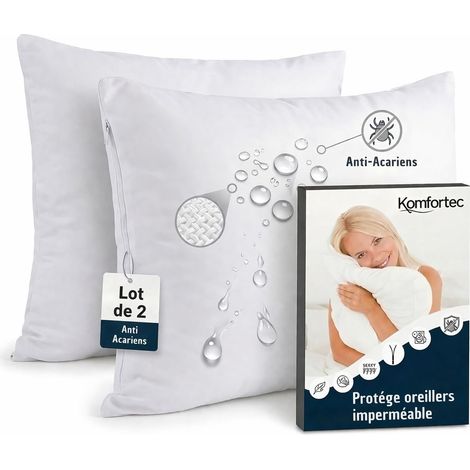 Protège Oreiller Imperméable 50 x 70 cm Lot de 2 avec Fermeture éclair, Respirantes, hypoallergéniques, Anti-acariens, 2 Housses de Coussin Blanches (1/5)