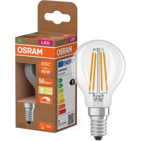 Lampe LED mini bougie P40 Filament, 2,5 W, E14, transparente, petit format, recommandée pour les lustres, lampes de bureau, lampes de miroir