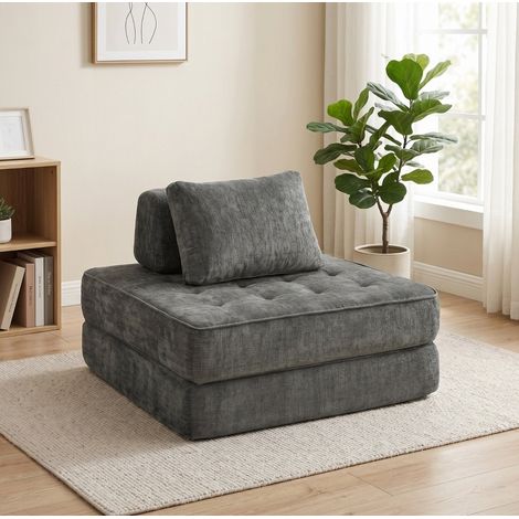 Fauteuil-lit 2 en 1 pliable en chenille grise 97 x 97 x 70 cm HAVRYA (1/4)