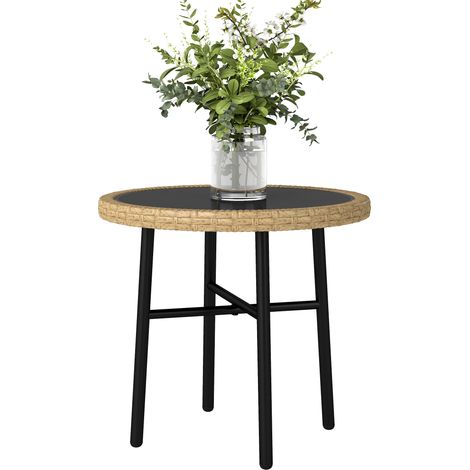 Table basse ronde jardin résine tressée verre trempé naturel 46x46x43cm