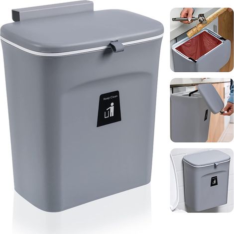 Poubelle de cuisine, poubelle à compost pour cuisine, 9 l, suspendue avec couvercle, pour cuisine et salle de bain, plan de travail ou sous l'évier (gris-2) (1/5)