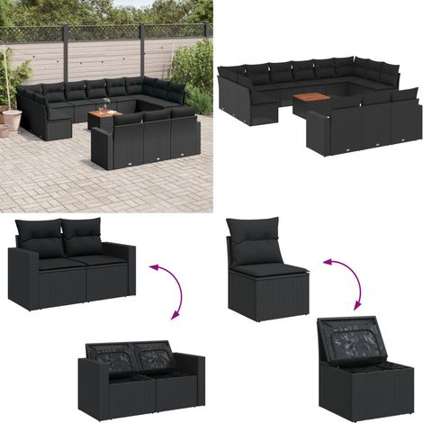 14-tlg. Garten-Sofagarnitur mit Kissen Schwarz Poly Rattan - Gartenmöbel Set - Esszimmergarnitur Outdoor - Lounge Möbel - Rattan Gartenset - Balkonmöbel - Home & Living (1/5)