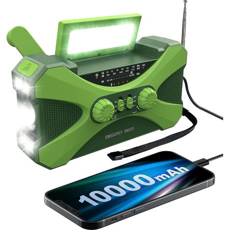 10000mAh Emergency Radio, Solar Cell Crank Radio, Portable Am/fm/noaa Weather Radio With Phone Charger Flashlight Green (1/5)