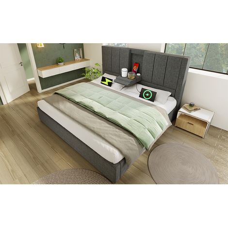 Lit rembourré 140x190 cm double avec porte-gobelet dissimulé et station de charge, lit hydraulique avec rangement sous le lit, avec sommier à lattes, lin gris (sans matelas) (1/5)