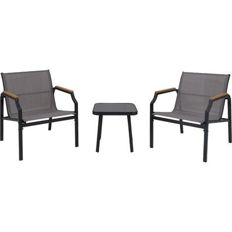Set giardino 3 pezzi poltrona tavolo sedile tessuto traspirante braccioli legno-plastica grigio